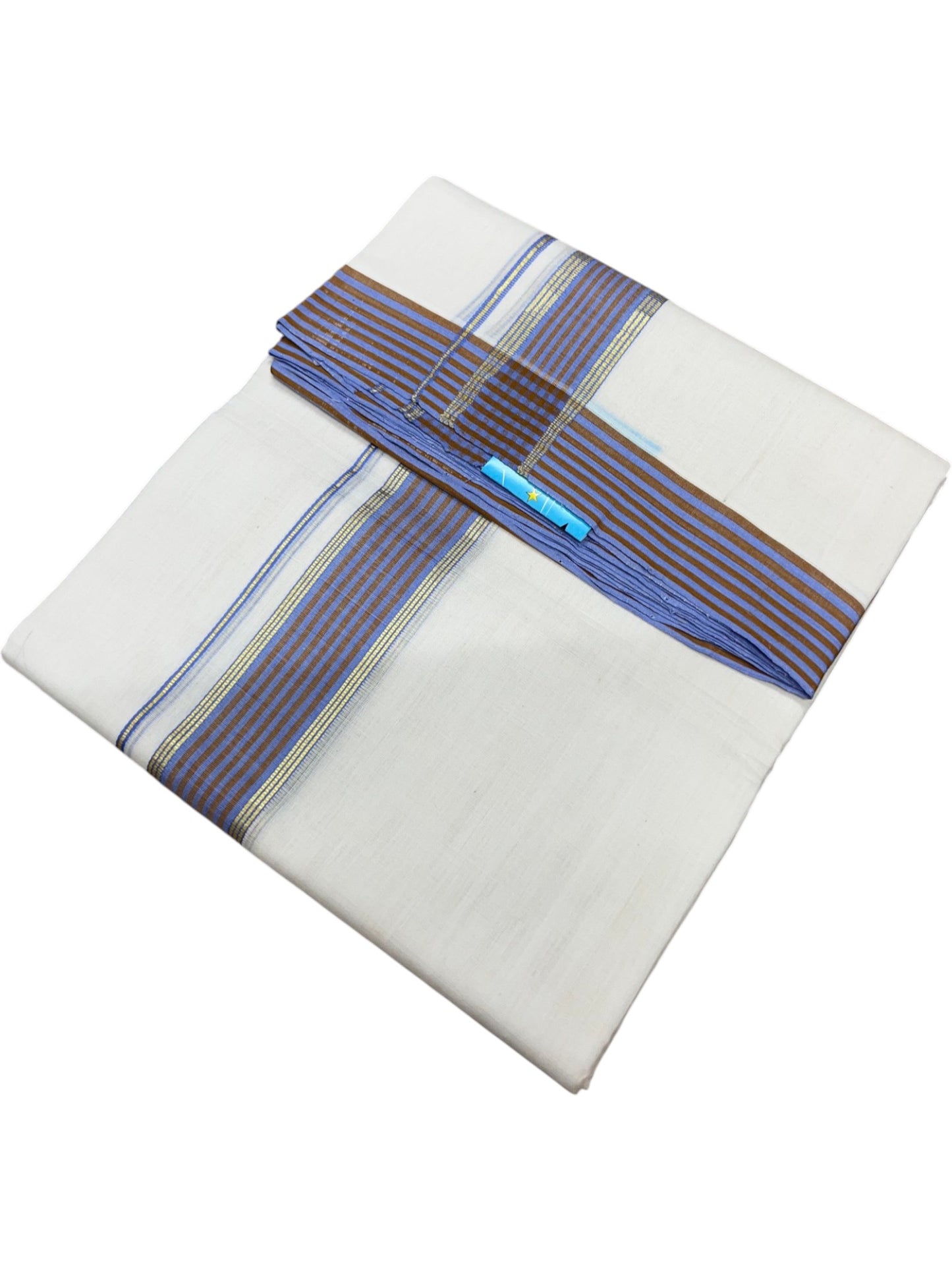 Southloom Unakkupaavu Premium Handloom Cotton Double Mundu with Gold Kasavu and Blue Border