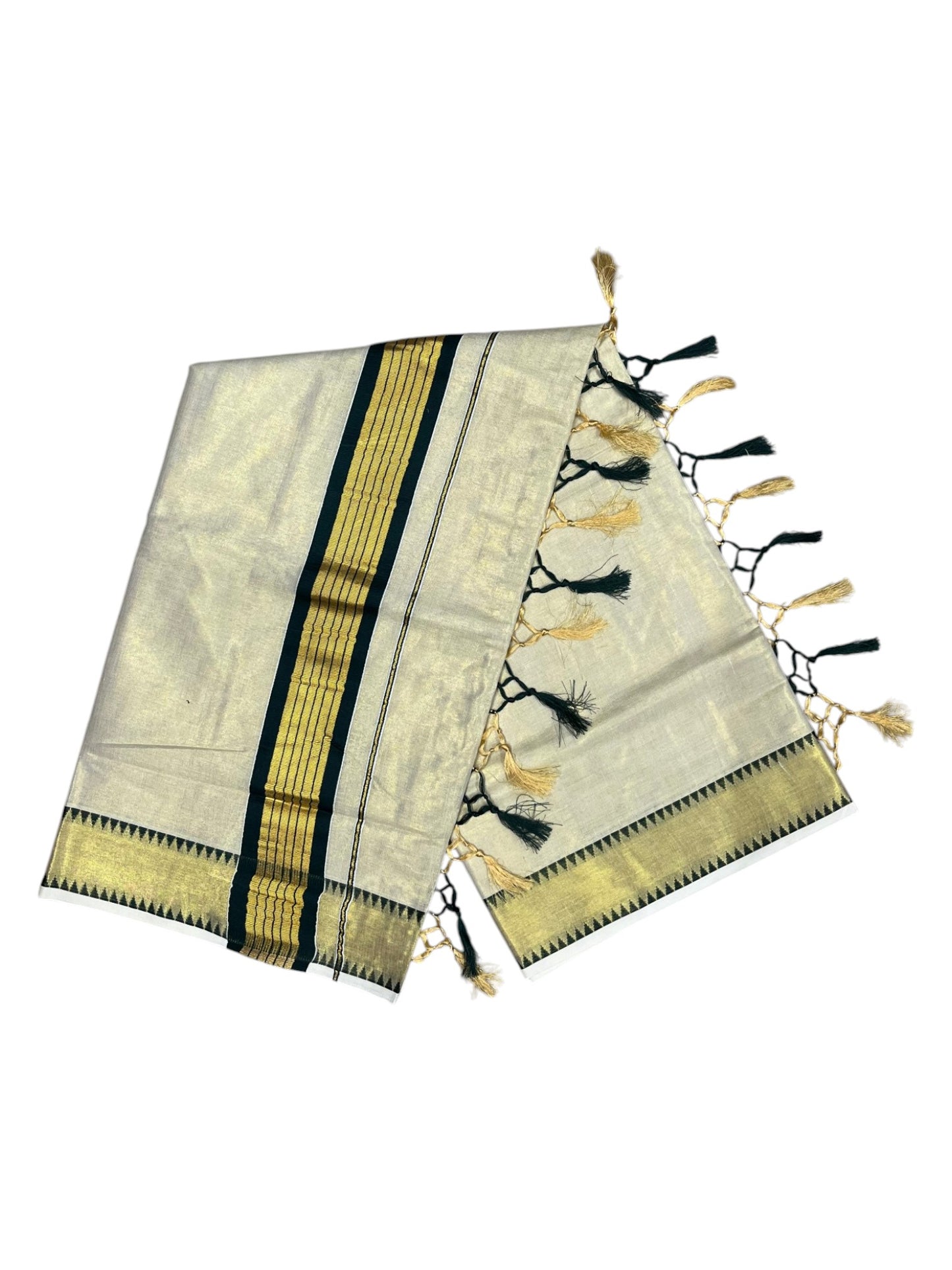 Southloom Kerala Tissue Kasavu Saree With Green Temple Woven Works on Border SL365