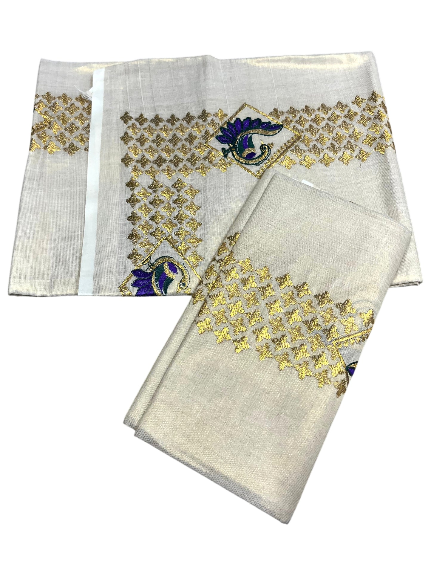 Southloom Kerala Tissue Kasavu Single Set Mundu (Mundum Neriyathum) Voilet and Green Embroidery Work