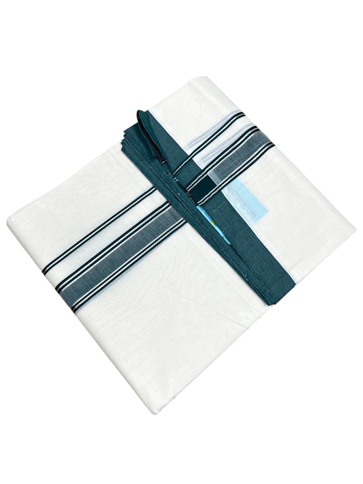Southloom Pure Cotton Mundu with Silver Lines and Green Border (South Indian Kerala Dhoti)