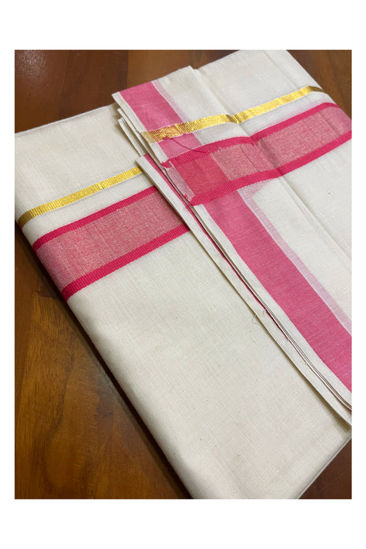 Kerala Pure Cotton Double Mundu with Pink and Kasavu Border (South Indian Kerala Dhoti)