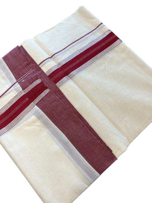 Southloom Kerala Pure Cotton Double Mundu with Silver Lines & Maroon Border (South Indian Dhoti)