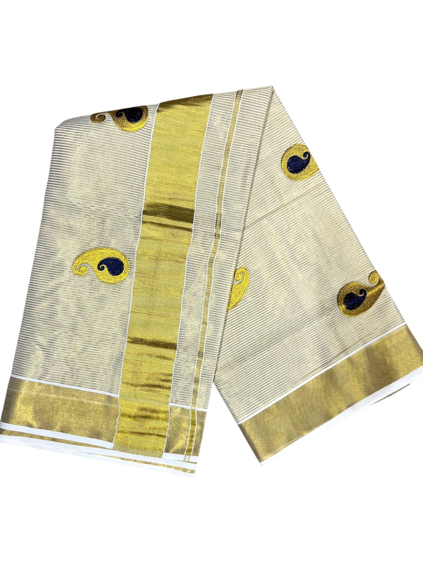 Southloom Kerala Tissue Kasavu Saree with Blue Embroidery Design