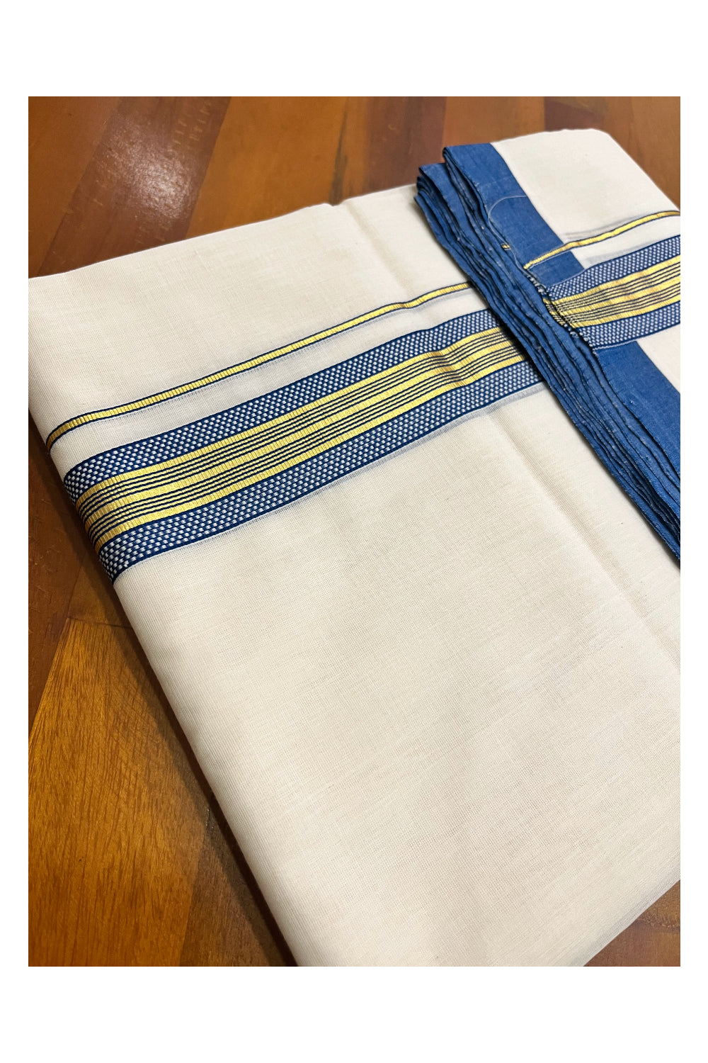 Premium Balaramapuram Handloom Unakkupaavu Cotton Double Mundu with Kasavu and Blue Design Border (Vishu 2024 Collection)