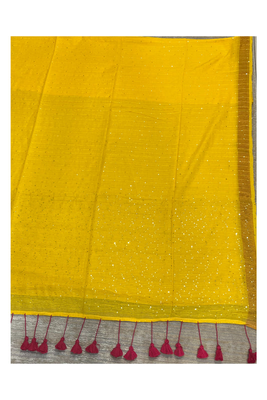 Southloom Mul Cotton 120 x 120 Soft Fabric Onam Saree in Yellow with Sequins Work