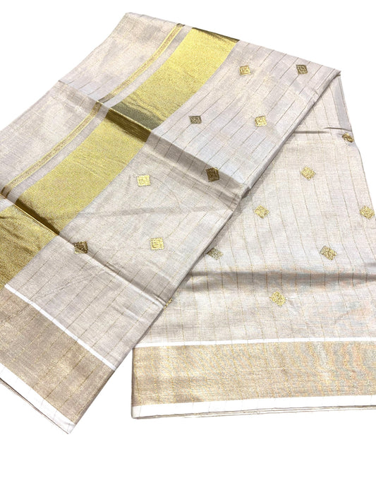 Southloom Kerala Tissue Kasavu Stripes Saree With Diagonal Embroidery on Body