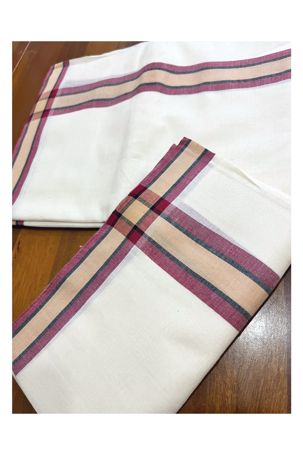 Kerala Mulloth Cotton Single Mundum Neriyathum with Maroon Beige Border (Extra Soft Cotton)