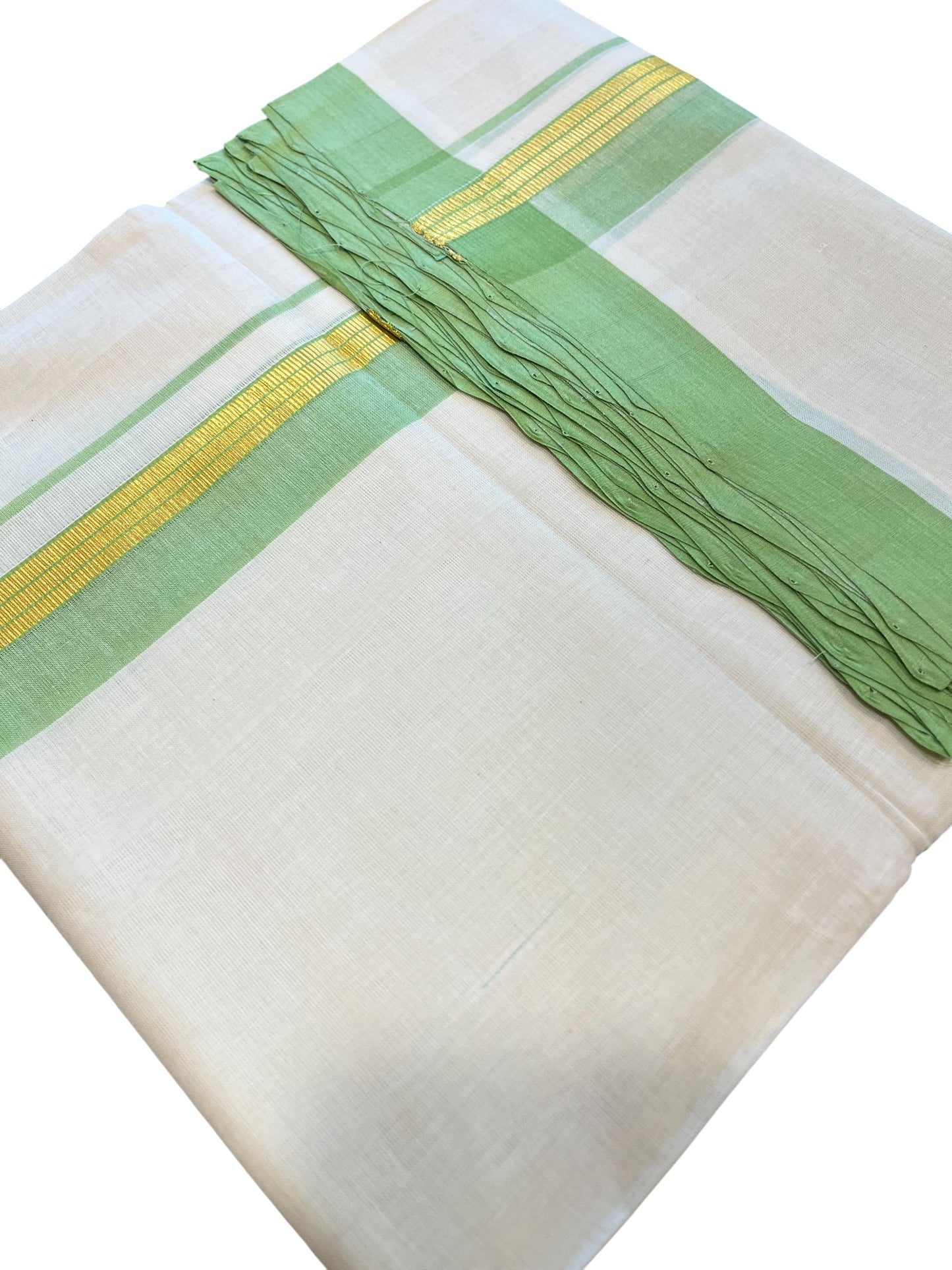 Southloom Premium Handloom Cotton Double Mundu with Gold and Green Border