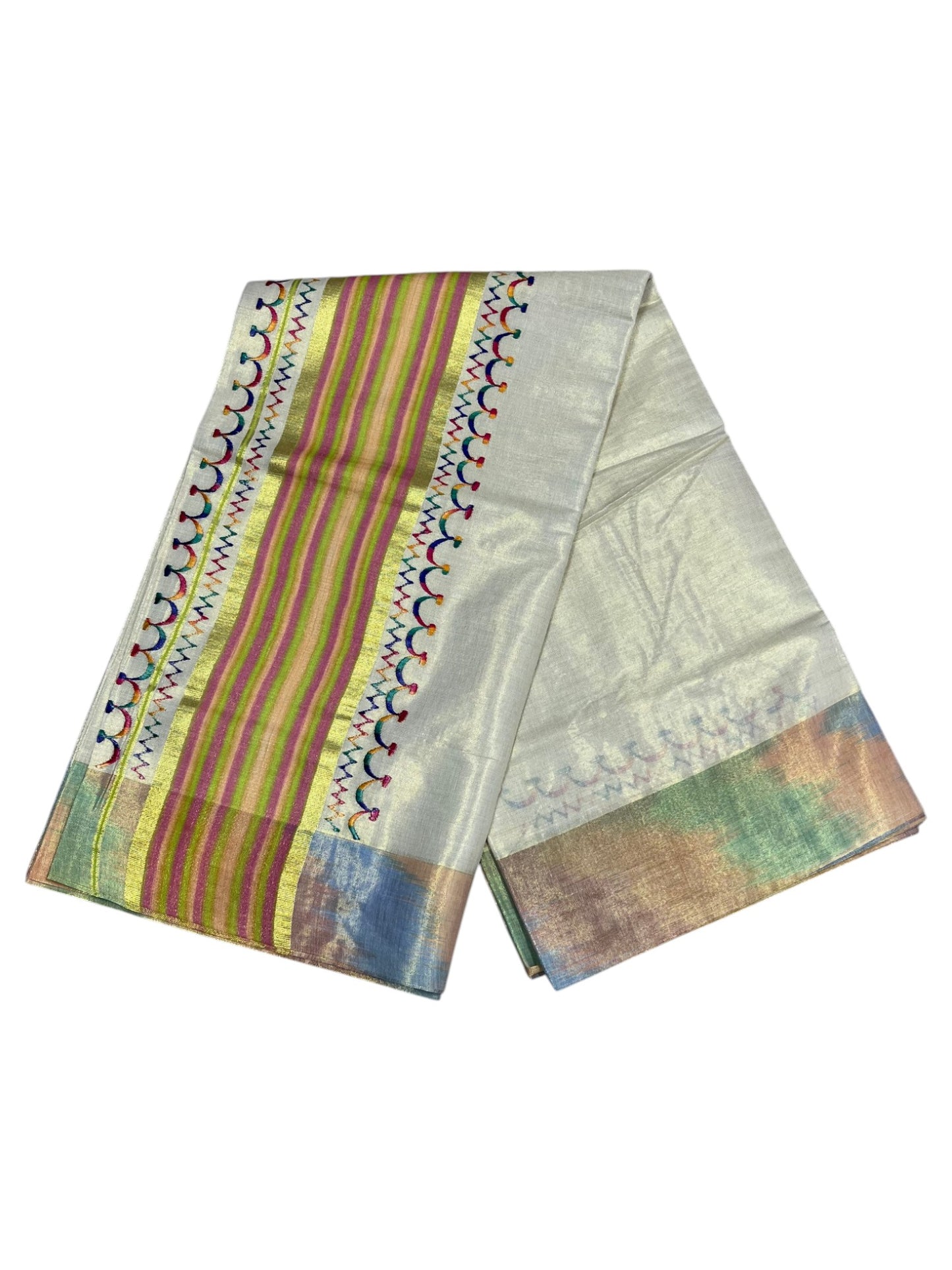 Southloom Kerala Tissue Kasavu Saree with Multi Colour Pochampally Design on Borders and Kara