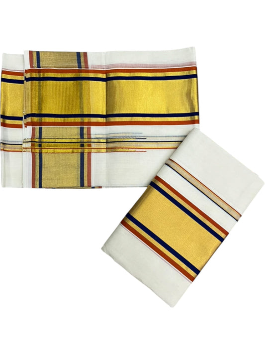 Southloom Premium Handloom Set Mundu with Red & Blue Lines and Kasavu Border Across Body 2.80 Mtrs SL632