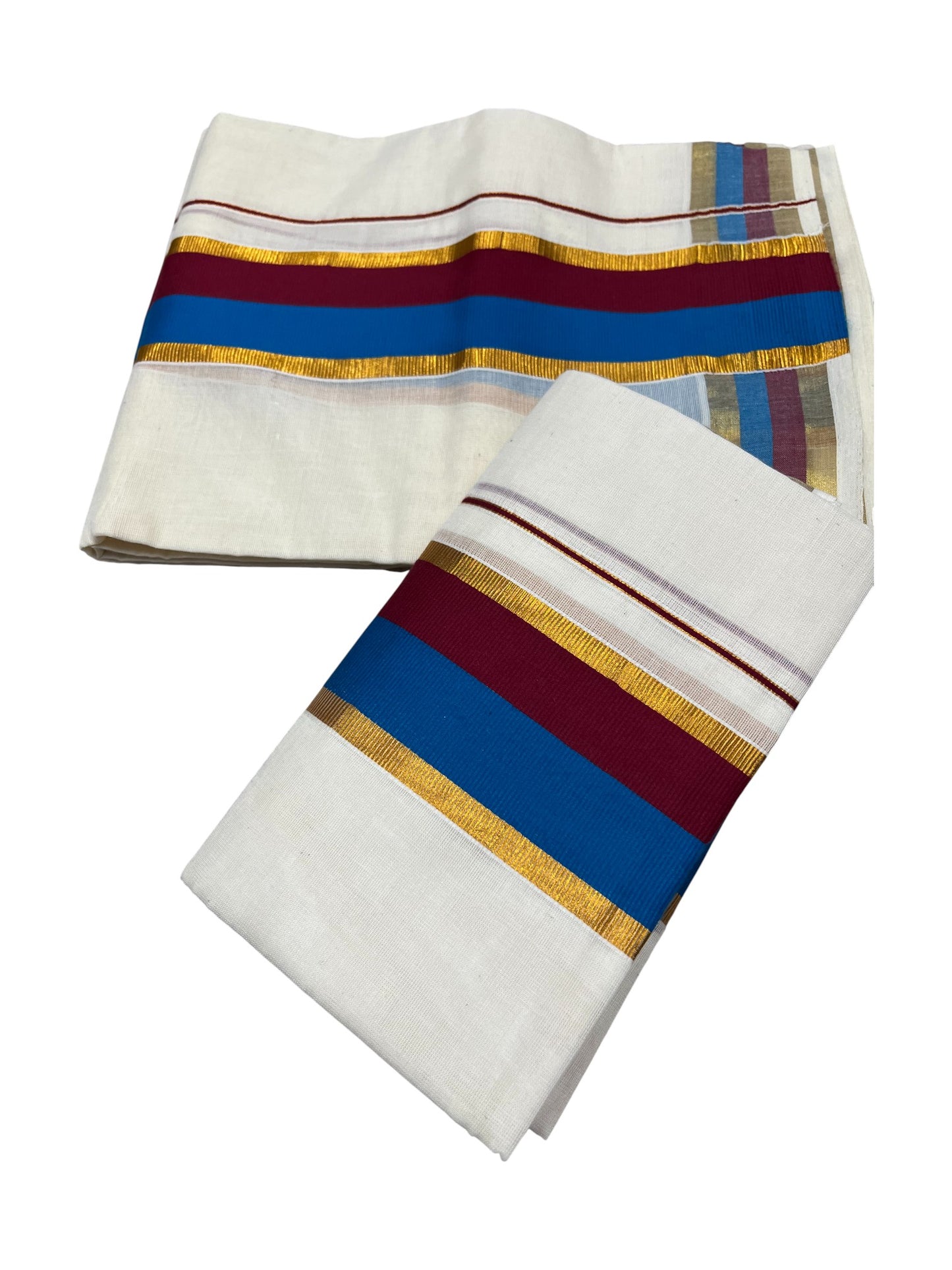 Kerala Cotton Kasavu Single Set Mundu (Mundum Neriyathum) with Maroon And Blue Kasavu Border