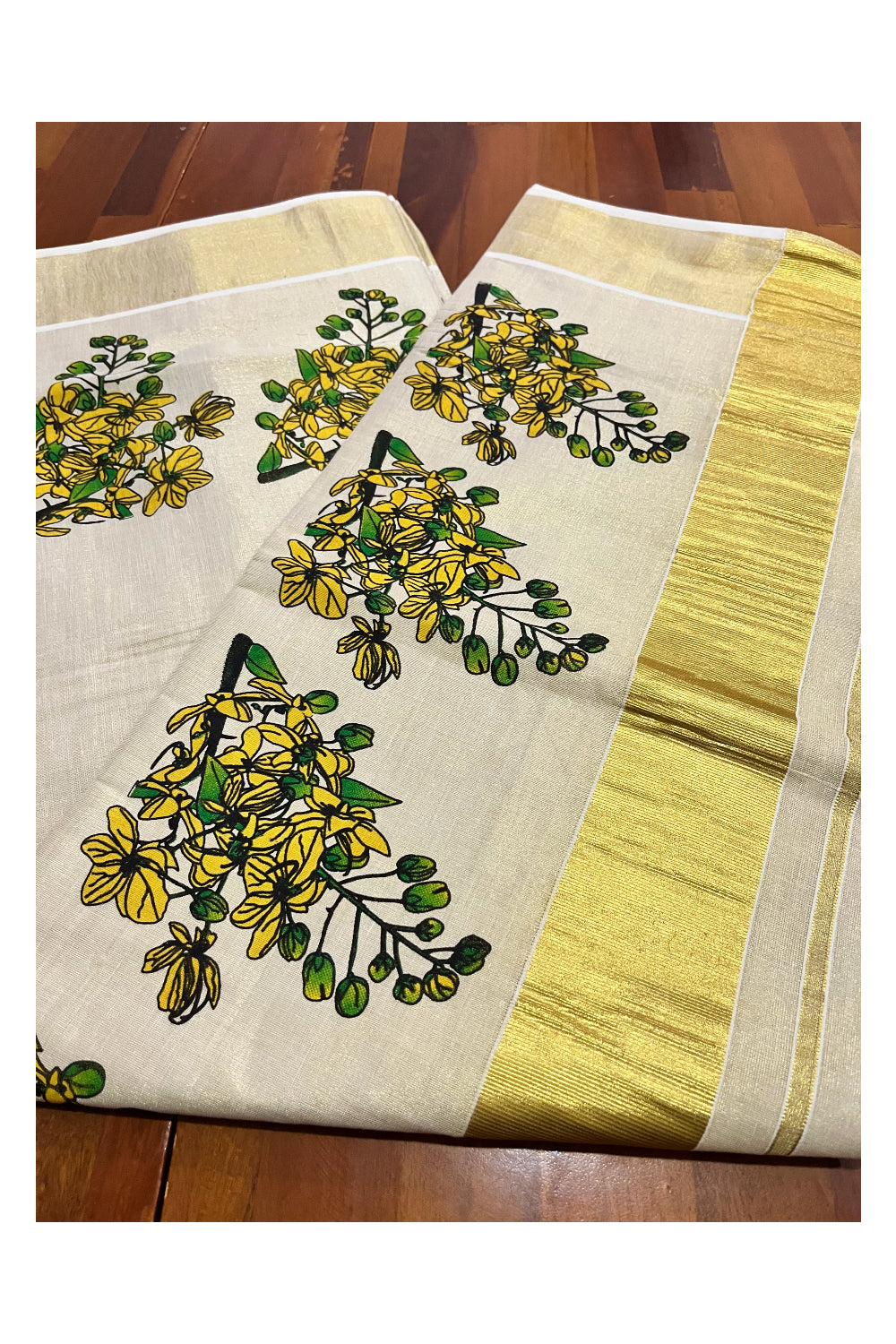 Kerala Tissue Kasavu Saree with Mural Floral Design Printed Design