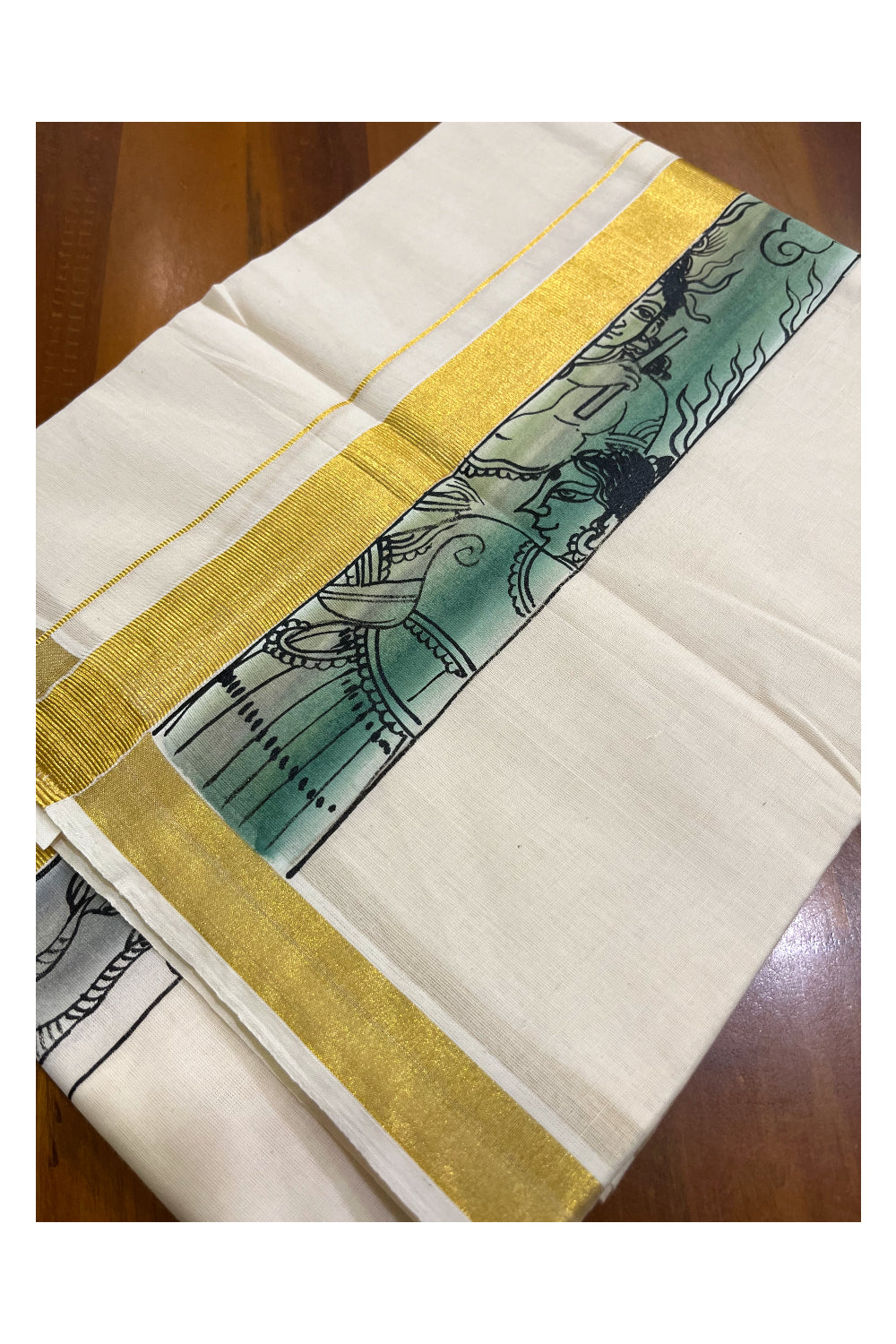 Kerala Pure Cotton Double Mundu with Mural Hand Painted Design on Kasavu Border (South Indian Kerala Dhoti)