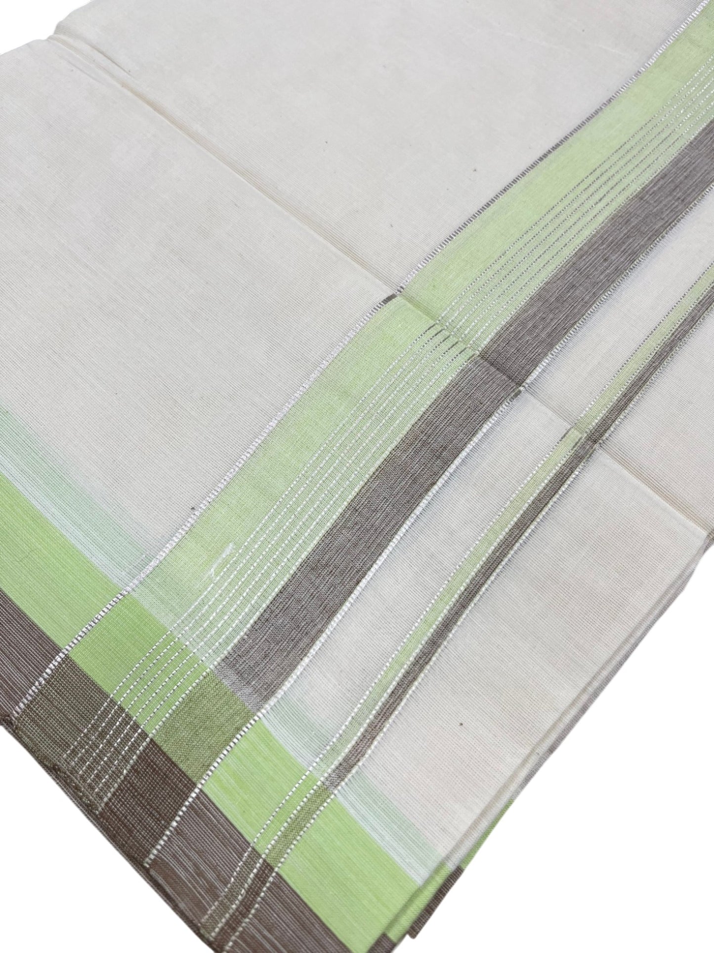 Southloom Kerala Pure Cotton Double Mundu with Silver Lines and Green and Grey Border with (South Indian Dhoti)