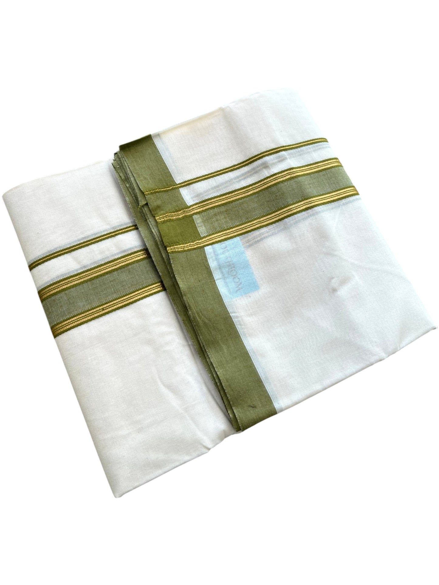 Southloom Pure Cotton Mundu with Golden Lines and Olive Green Border (South Indian Kerala Dhoti)