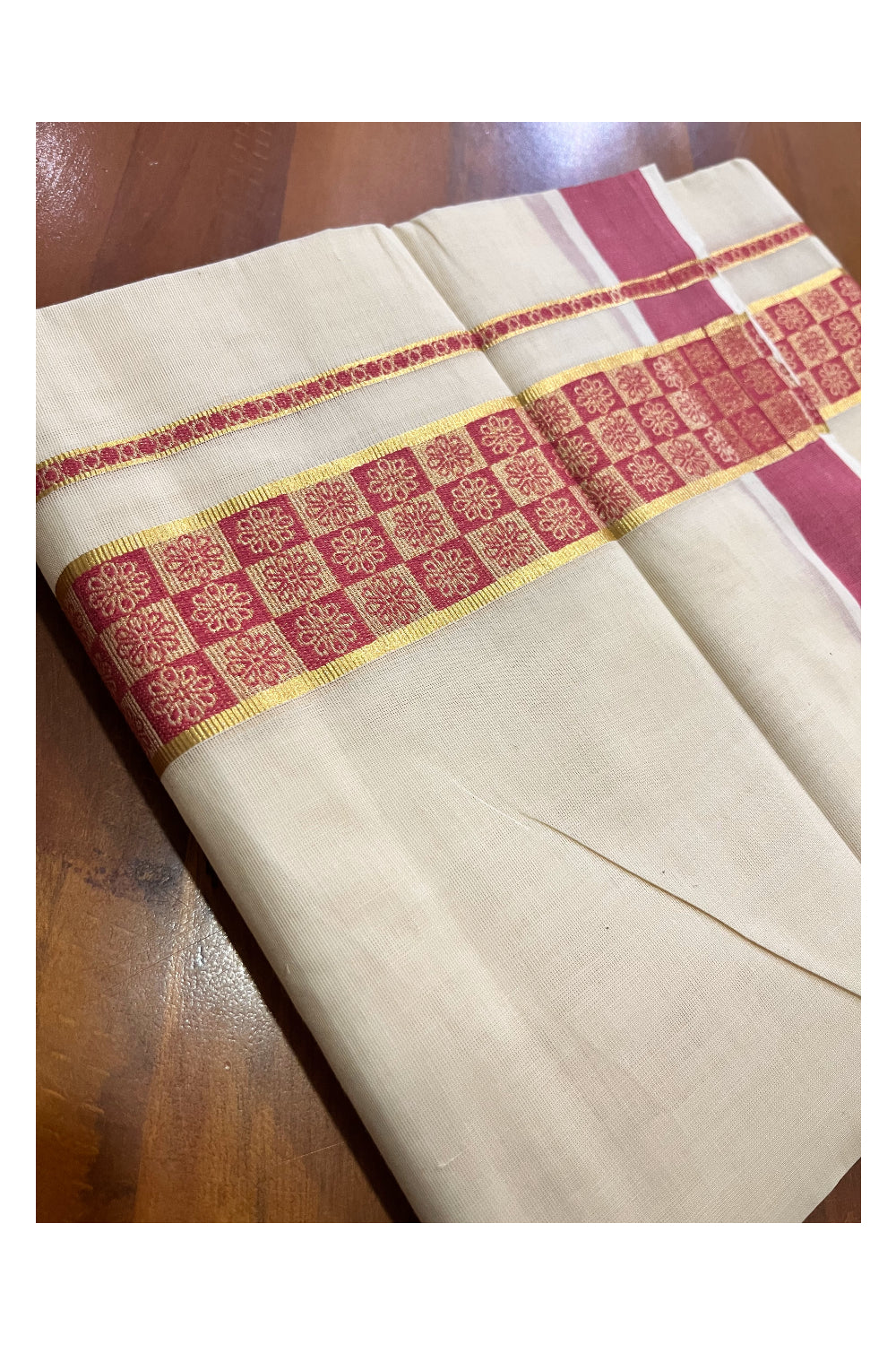 Kerala Pure Cotton Double Mundu with Kasavu and Pink Woven Border (Vishu 2024 Collection)