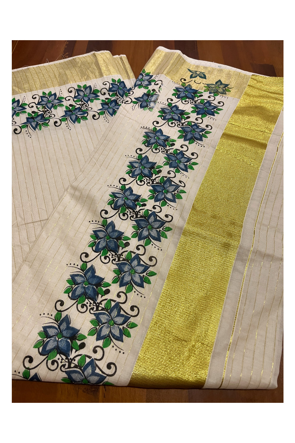 Southloom Onam 2023 Special Blue Floral Printed Lines Kasavu Saree