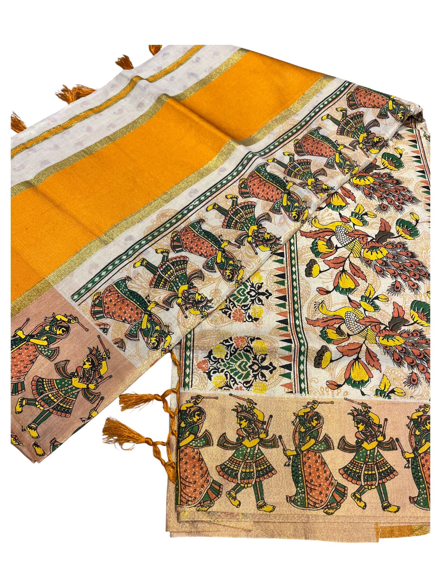 Southloom Kerala Tissue Kasavu Saree Orange Hand Printed