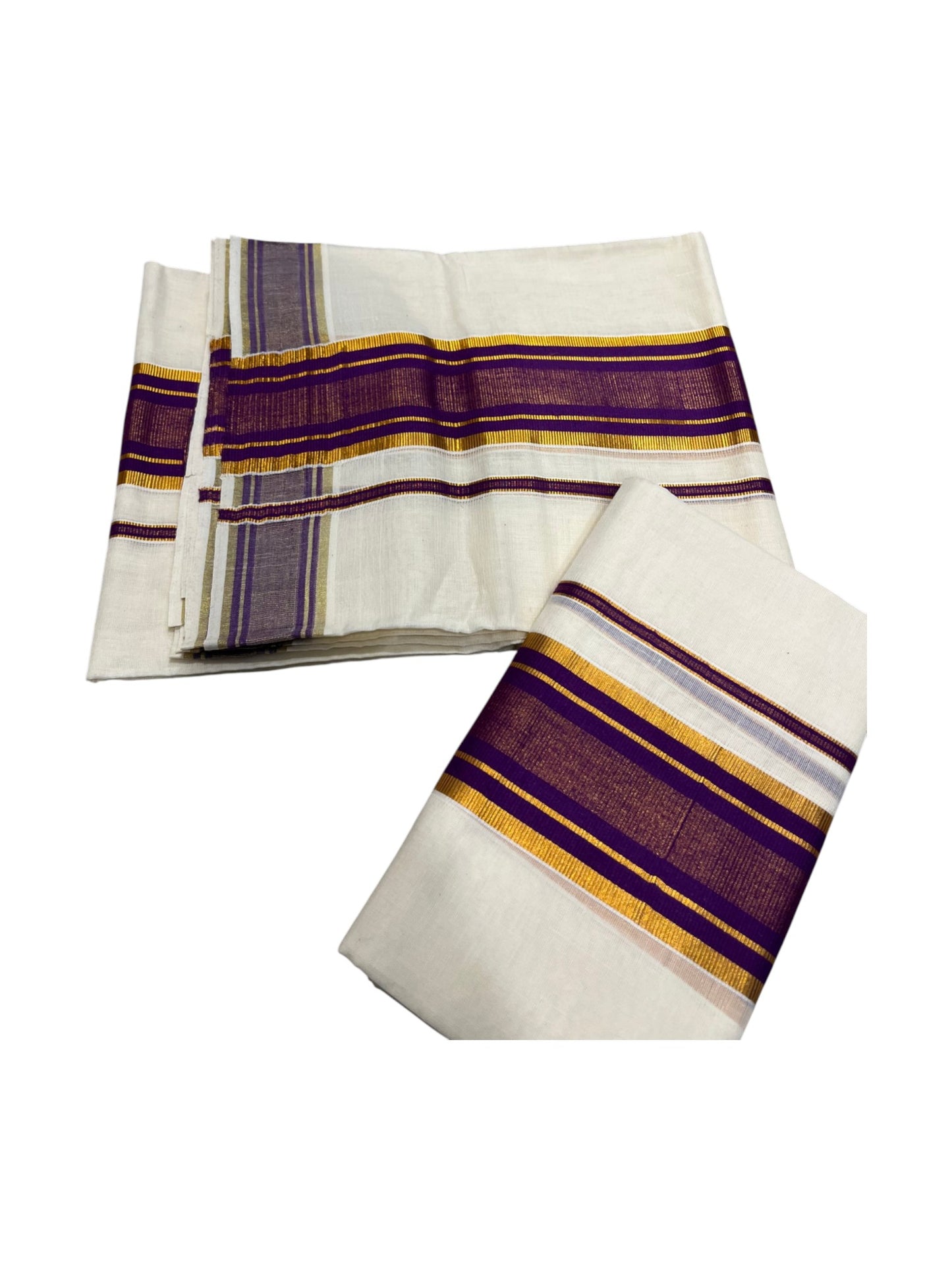 Southloom Kerala Cotton  Set Mundu (Mundum Neriyathum) with Kasavu and Violet Border 2.80Mtrs