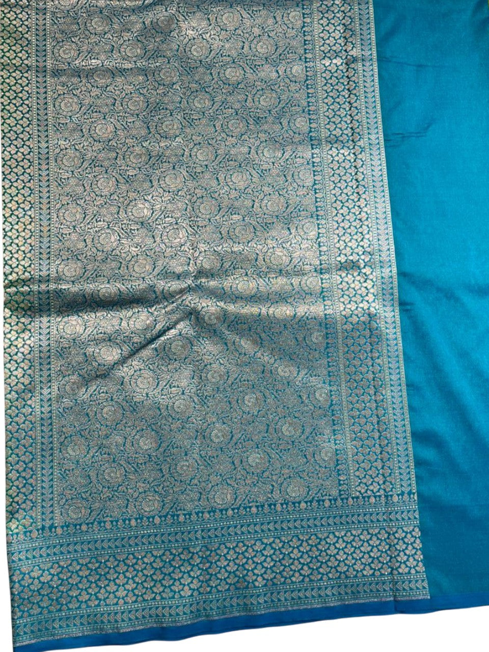 Southloom Pure Banarasi Silk Saree with Woven Work on Body and Borders (Peacock Green And Blue)