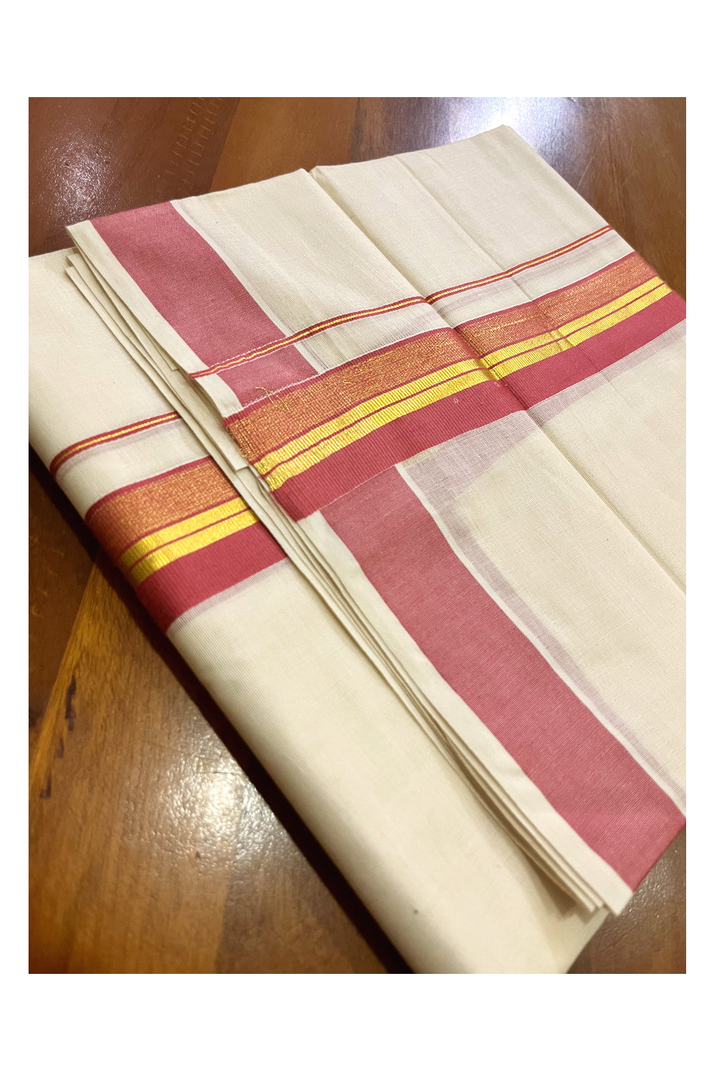 Pure Cotton Off White Kerala Double Mundu with Pink and Kasavu Border (South Indian Dhoti)