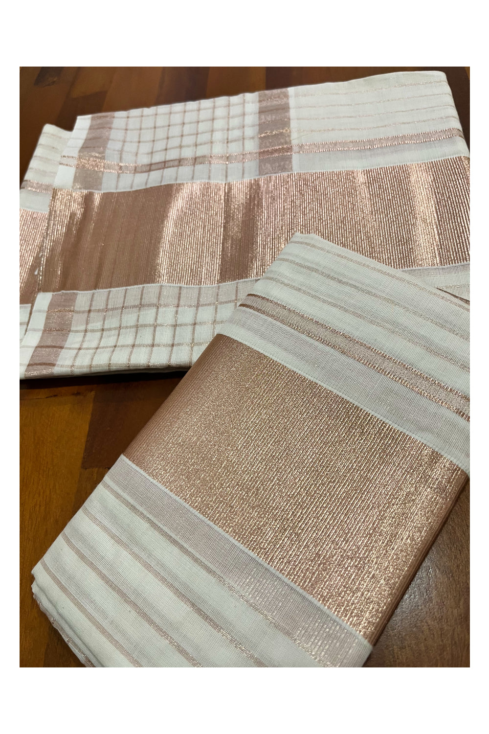 Pure Cotton Kerala Set Mundu with Rose Copper Kasavu Lines Designs Across Body