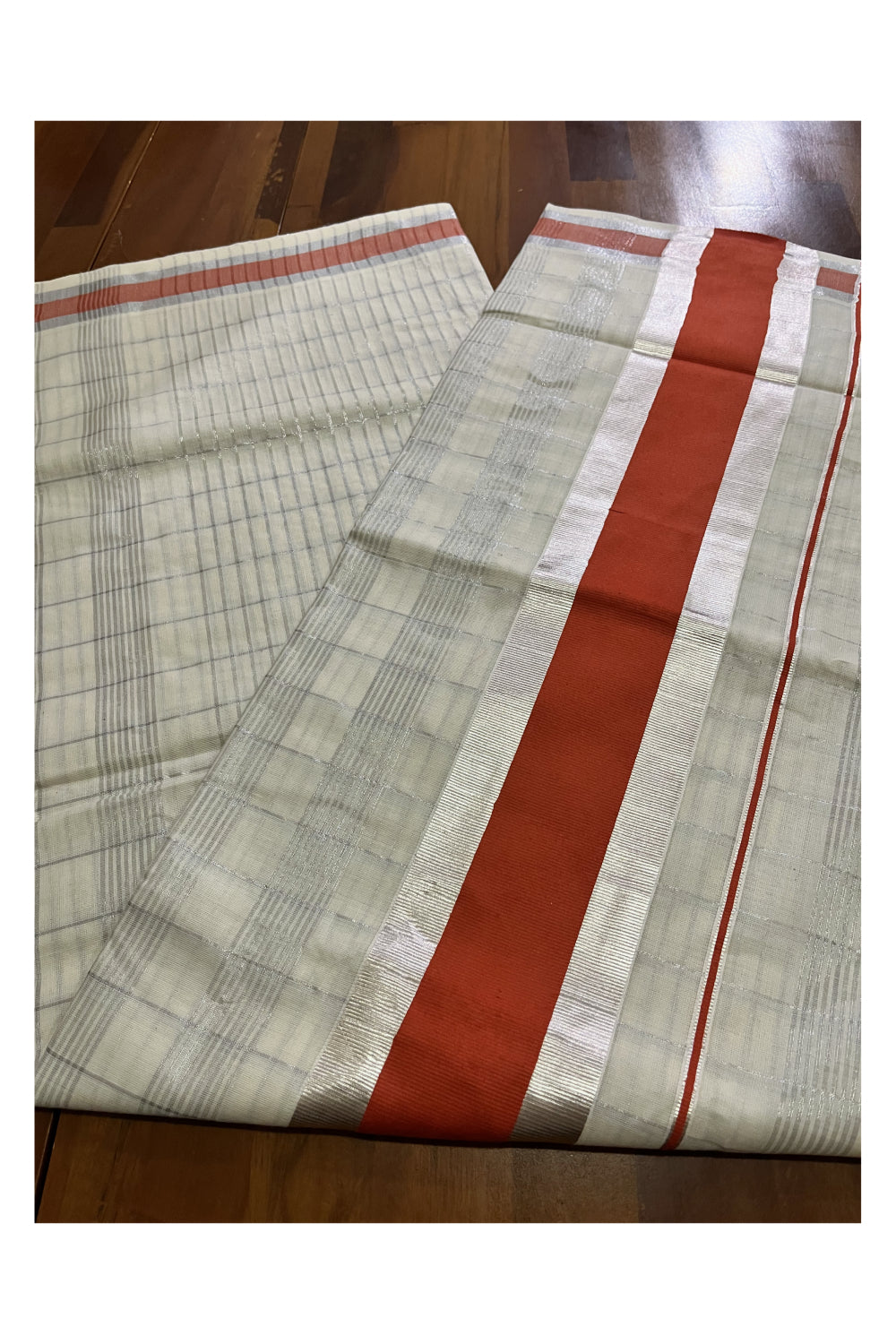 Kerala Pure Cotton Silver Kasavu Check Designs Saree with Orange Border