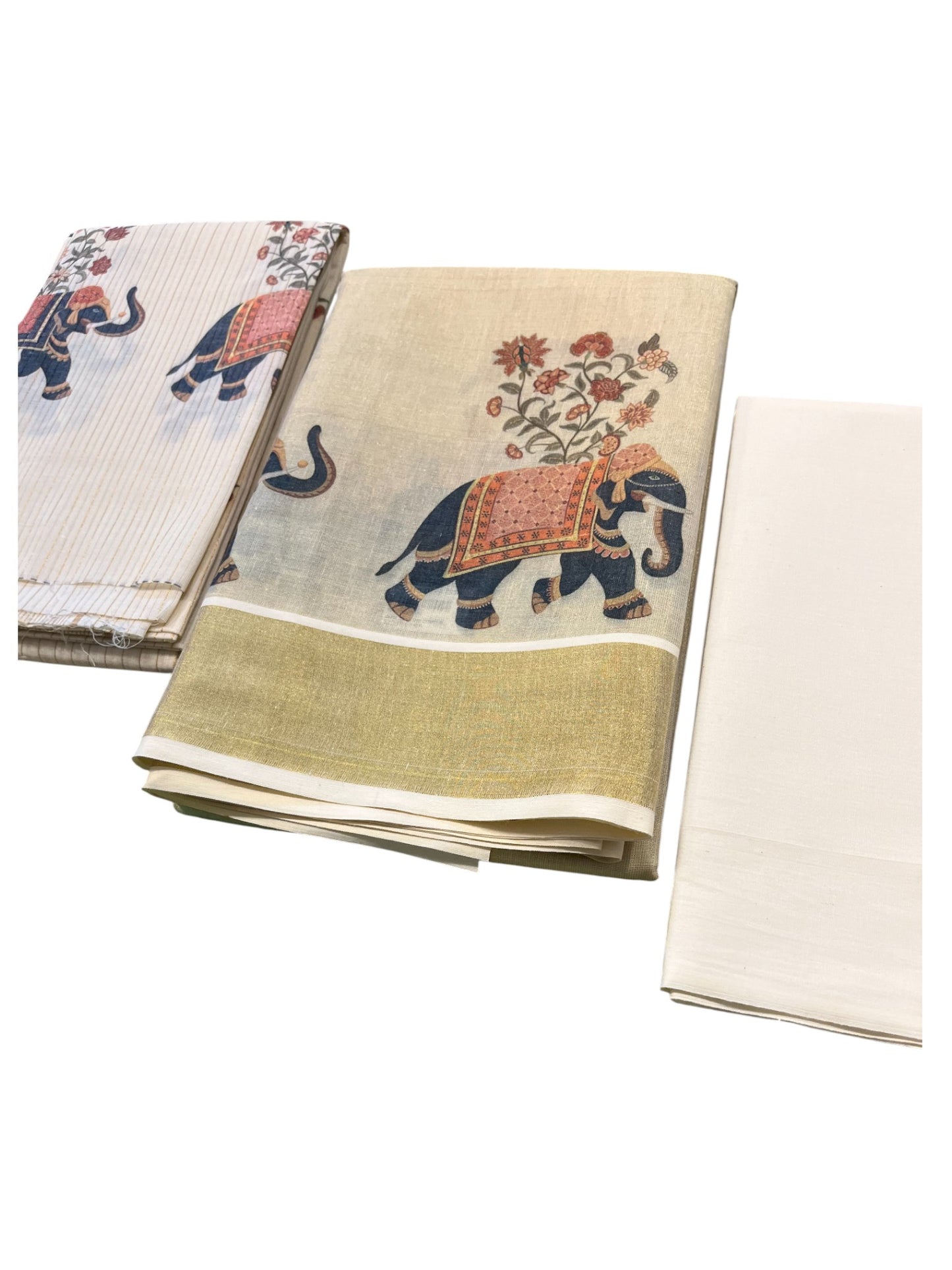 Southloom Kerala Tissue Churidar Salwar Material with  Elephant Painted Floral Designs (include Shawl / Dupatta)