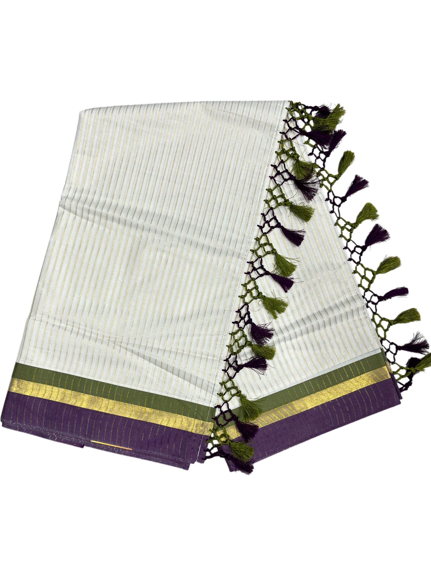 Southloom Cotton Kerala Kasavu Saree with Stripes on Body and Purple &Olive Green Border with Tussels