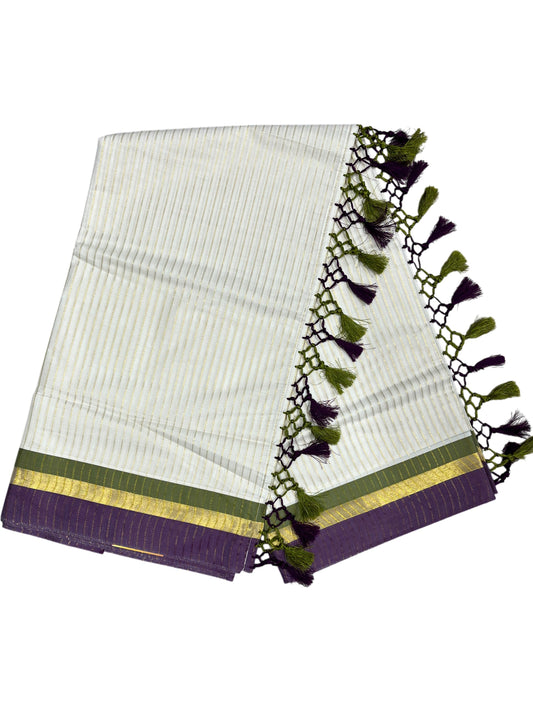 Southloom Cotton Kerala Kasavu Saree with Stripes on Body and Purple &Olive Green Border with Tussels