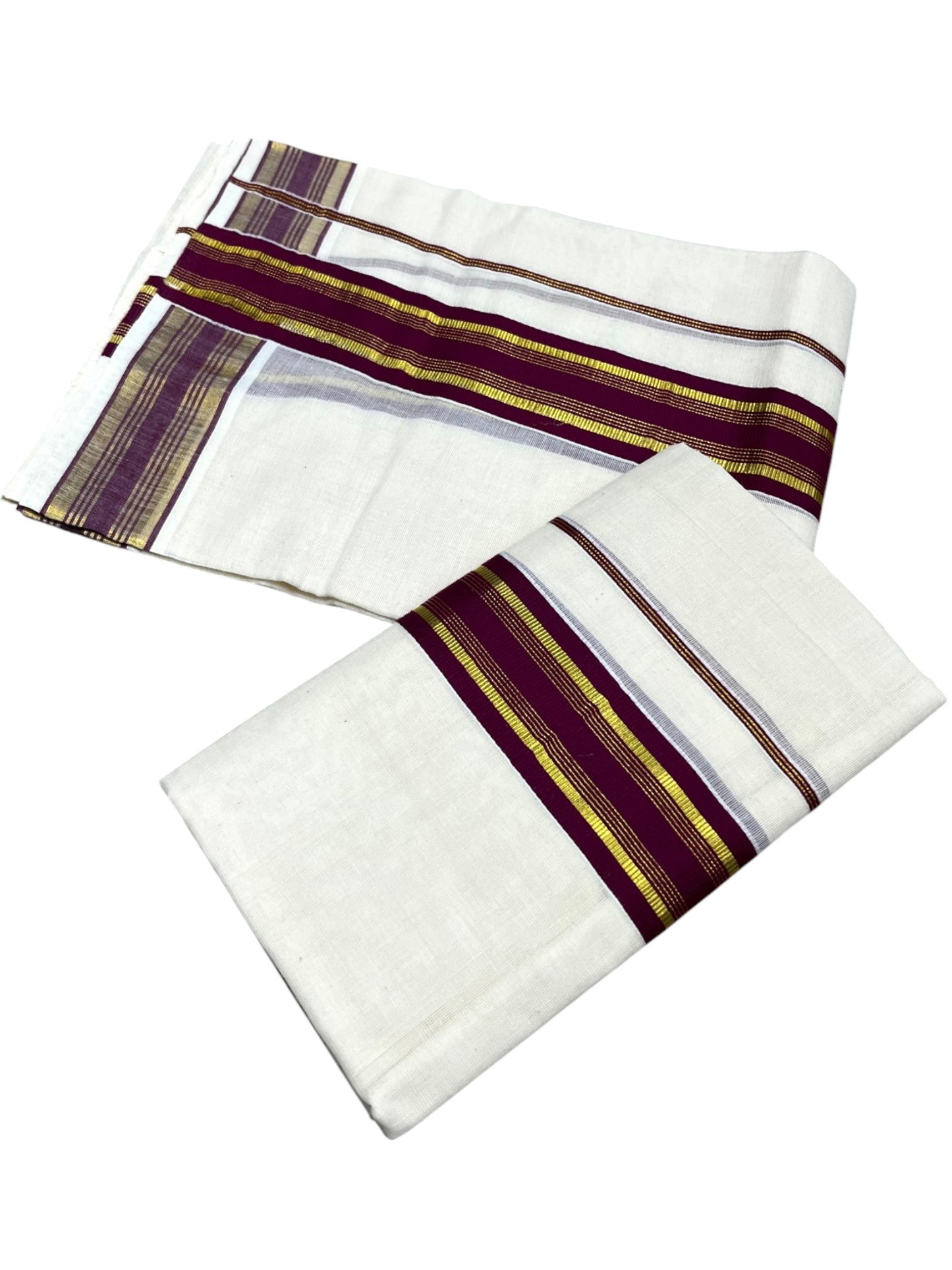 Southloom Kerala Cotton Kasavu Single Set Mundu (Mundum Neriyathum) with Purple Kasavu Border SLKK