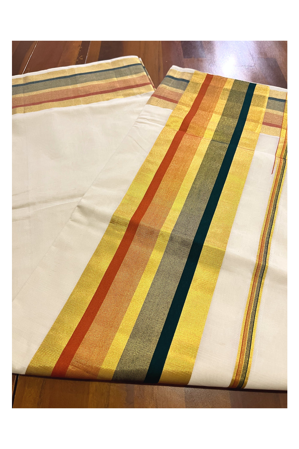 Southloom™ Premium Handloom Kerala Kasavu Saree with Dark Green and Orange Border