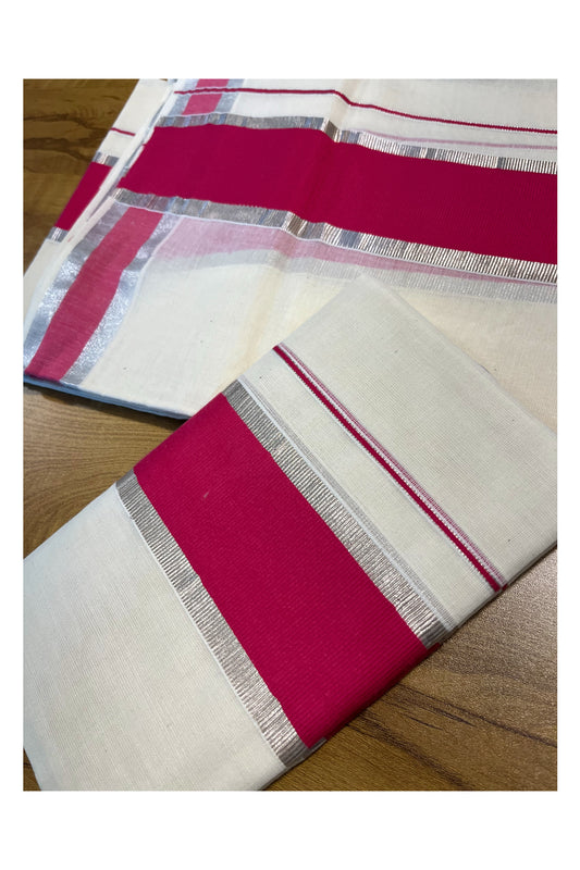 Kerala Cotton Mundum Neriyathum Single (Set Mundu) with Dark Pink and Silver Kasavu Border 2.80 Mtrs