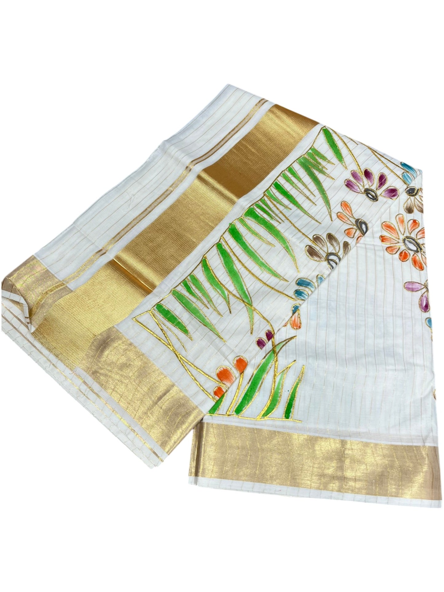 Southloom Cotton Kerala Kasavu Stripes Saree with Floral and Handpainted Embroidery Design in Body