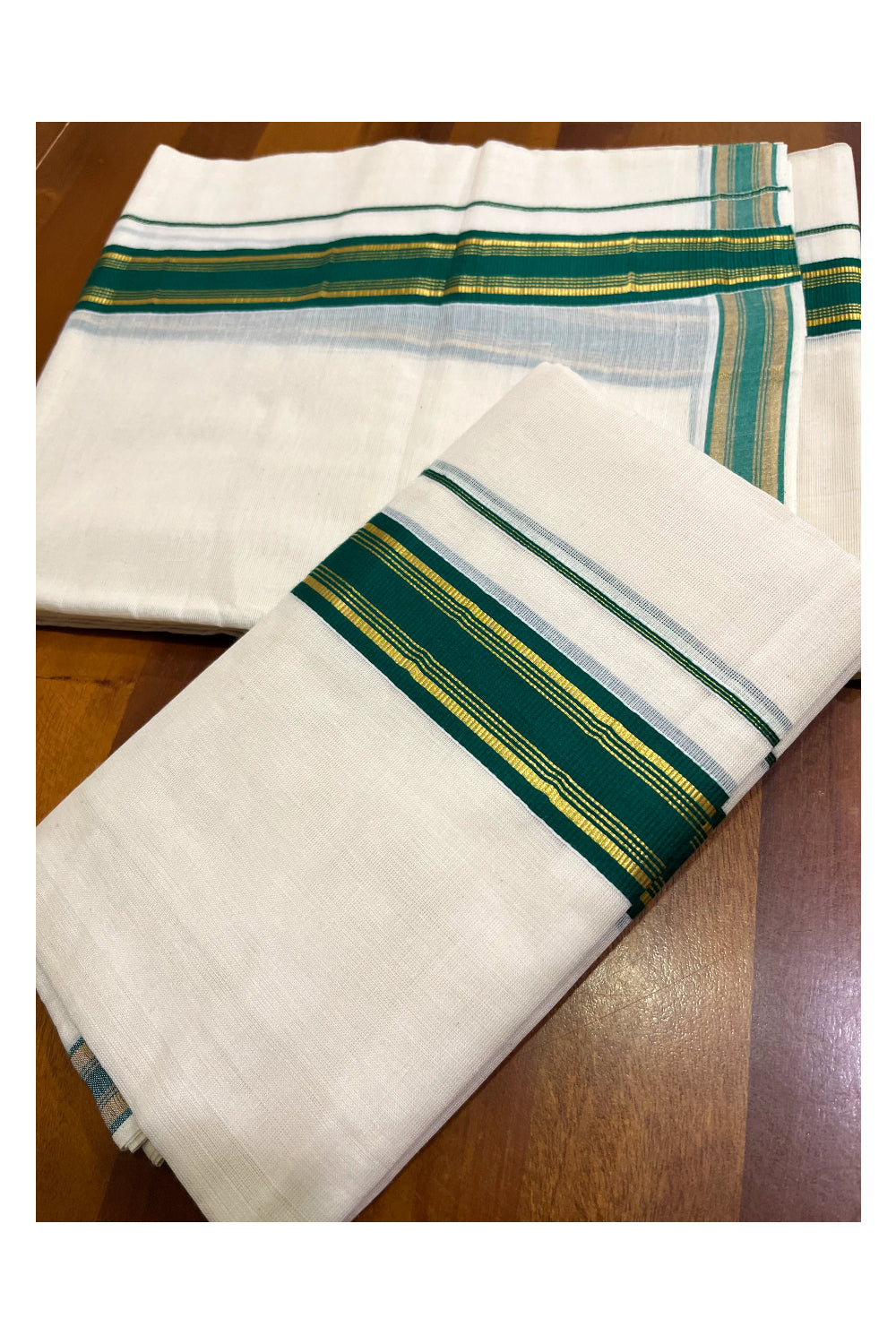 Kerala Cotton Set Mundu (Mundum Neriyathum) with Green and Kasavu Border 2.80 Mtrs SLKK SL470
