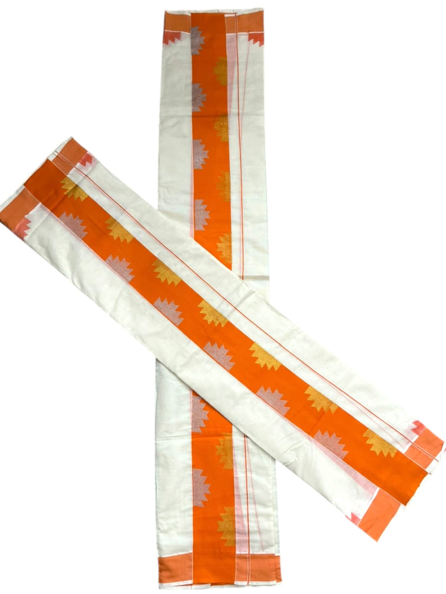 Southloom Pure Cotton Single Set Mundu (Mundum Neriyathum) Temple Design & Orange Border