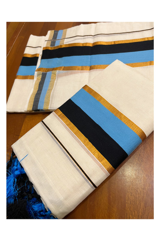 Cotton Kerala Kasavu Set Mundu (Mundum Neriyathum) with Blue Black Border and Tassels