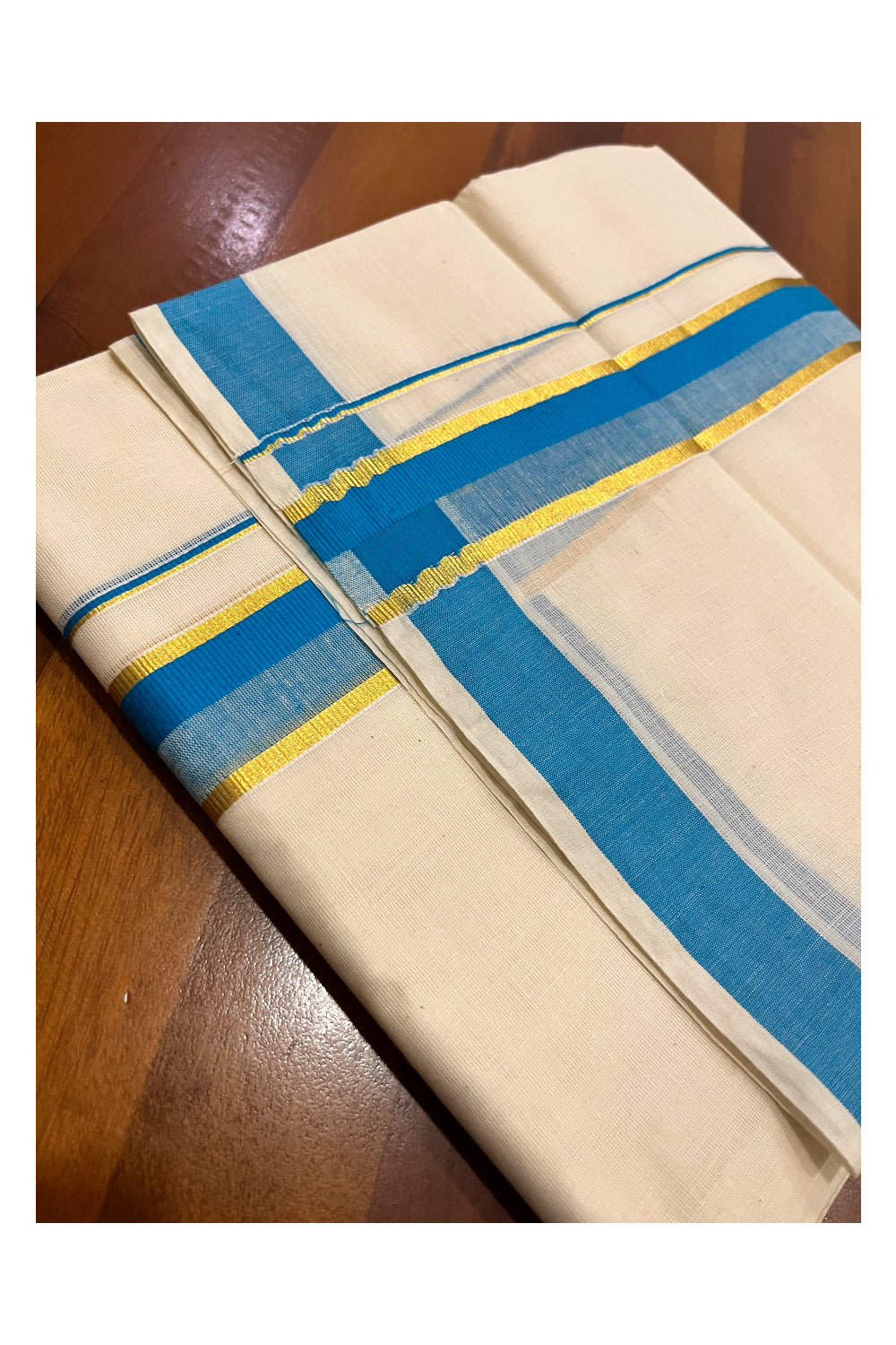 Kerala Pure Cotton Double Mundu with Blue and Kasavu Border (South Indian Kerala Dhoti)