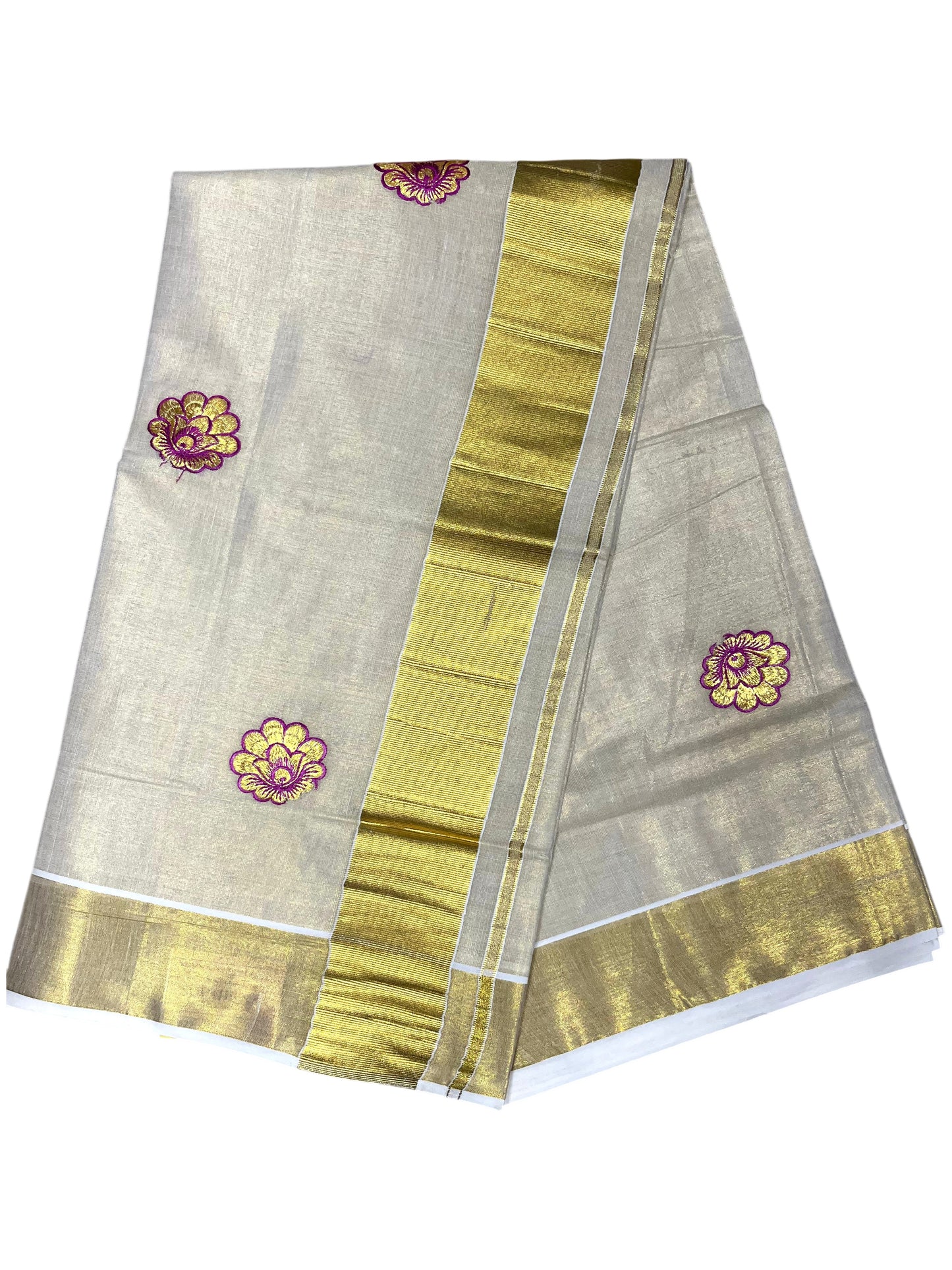 Southloom Kerala Tissue Kasavu Saree with Magenta Floral Embroidery Work on Body