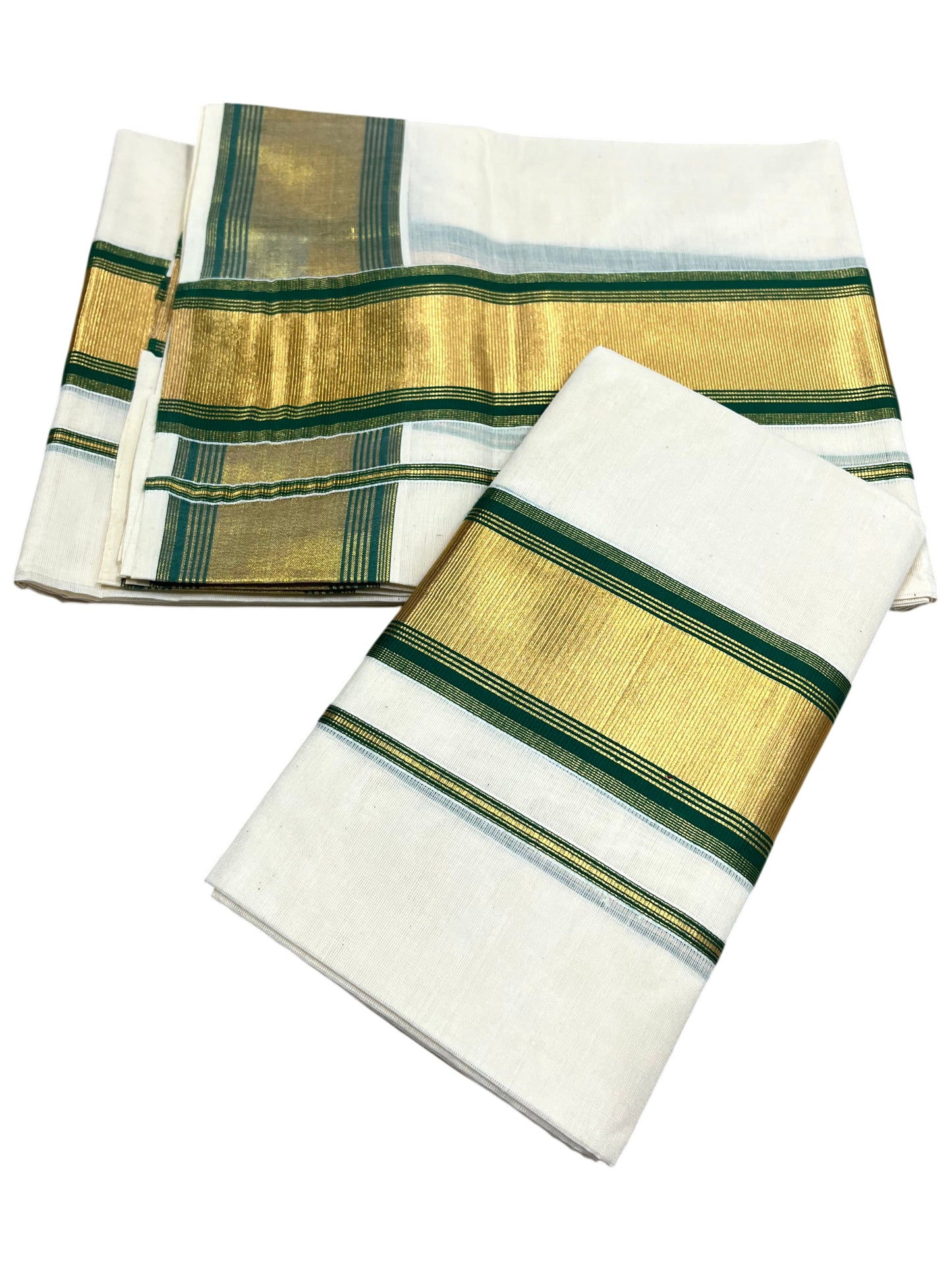 Southloom Pure Cotton Kerala  Set Mundu (Mundum Neriyathum) Single with Green and Kasavu Border 2.80 Mtrs SLKK