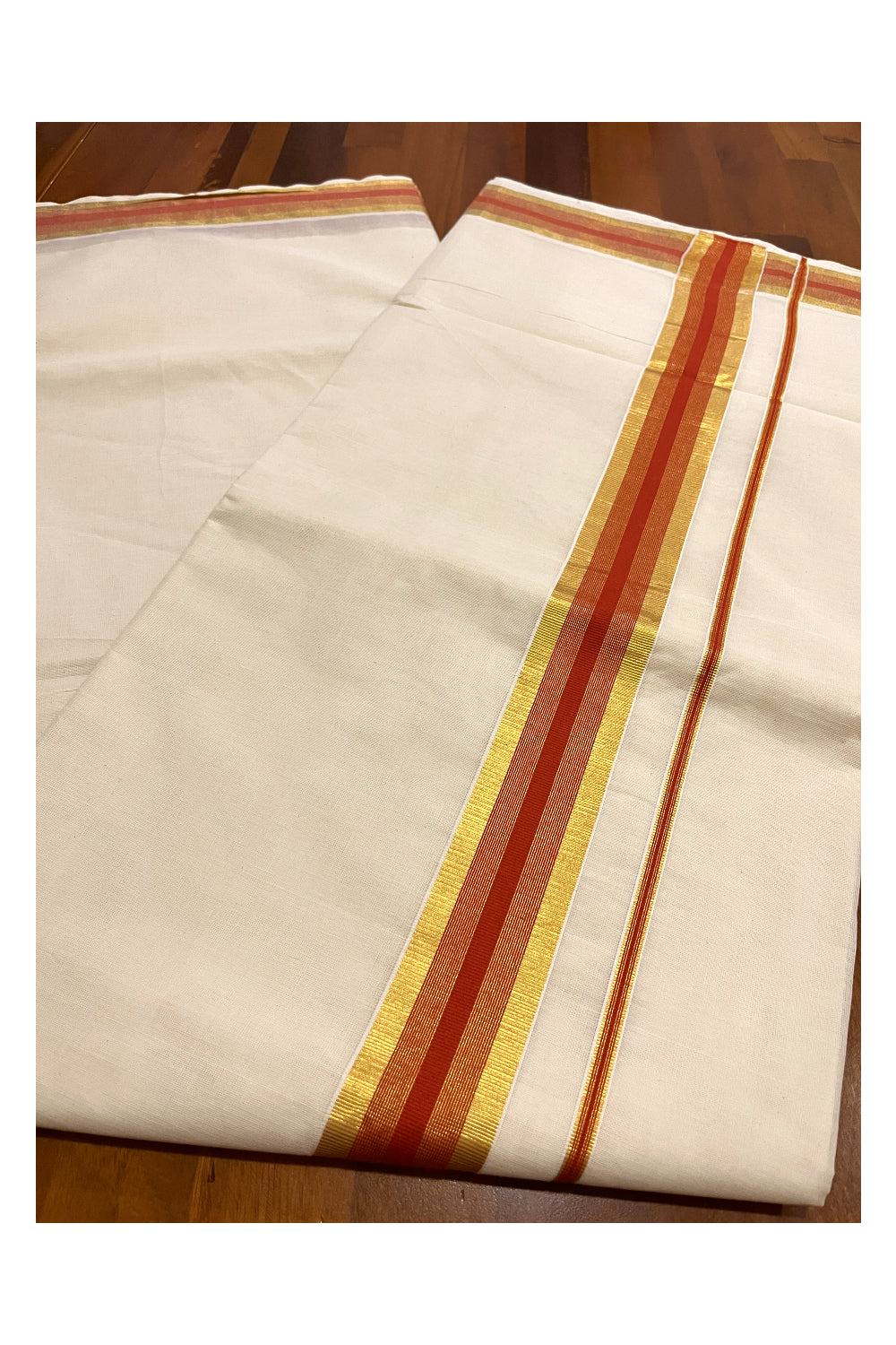 Pure Cotton Kerala Saree with Kasavu and Orange 2 inch Border