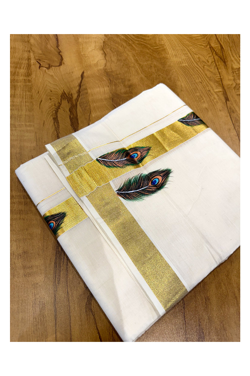 Off White Pure Cotton Double Mundu with Feather Mural Painted Design on Kasavu Kara (South Indian Dhoti)