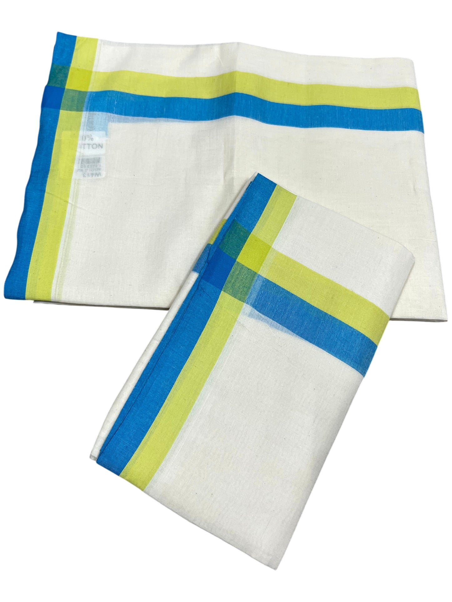 Southloom Pure Cotton Kerala Single Mulloth Set Mundu (Mundum Neriyathum) Green And Blue Border in 2.80 mtrs