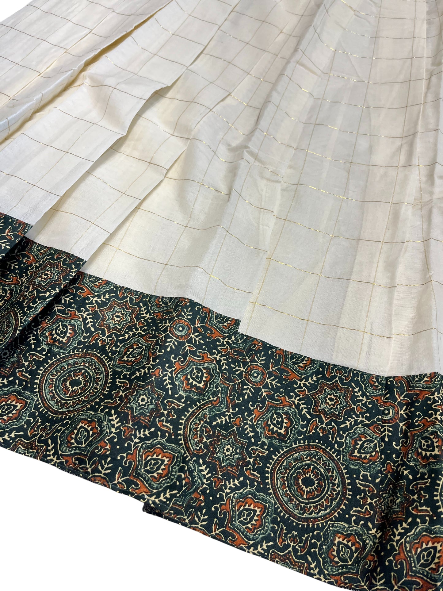 Southloom Semi Stitched Cottan Dhavani Set with Pavada and Ajrakh Blouse Piece