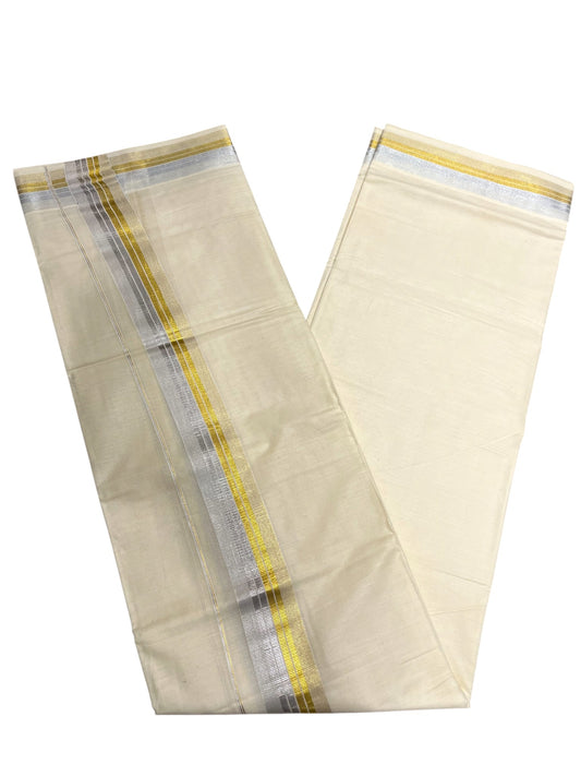 Southloom Kerala Pure Cotton Double Mundu with Silver & Gold Line Border (South Indian Dhoti)