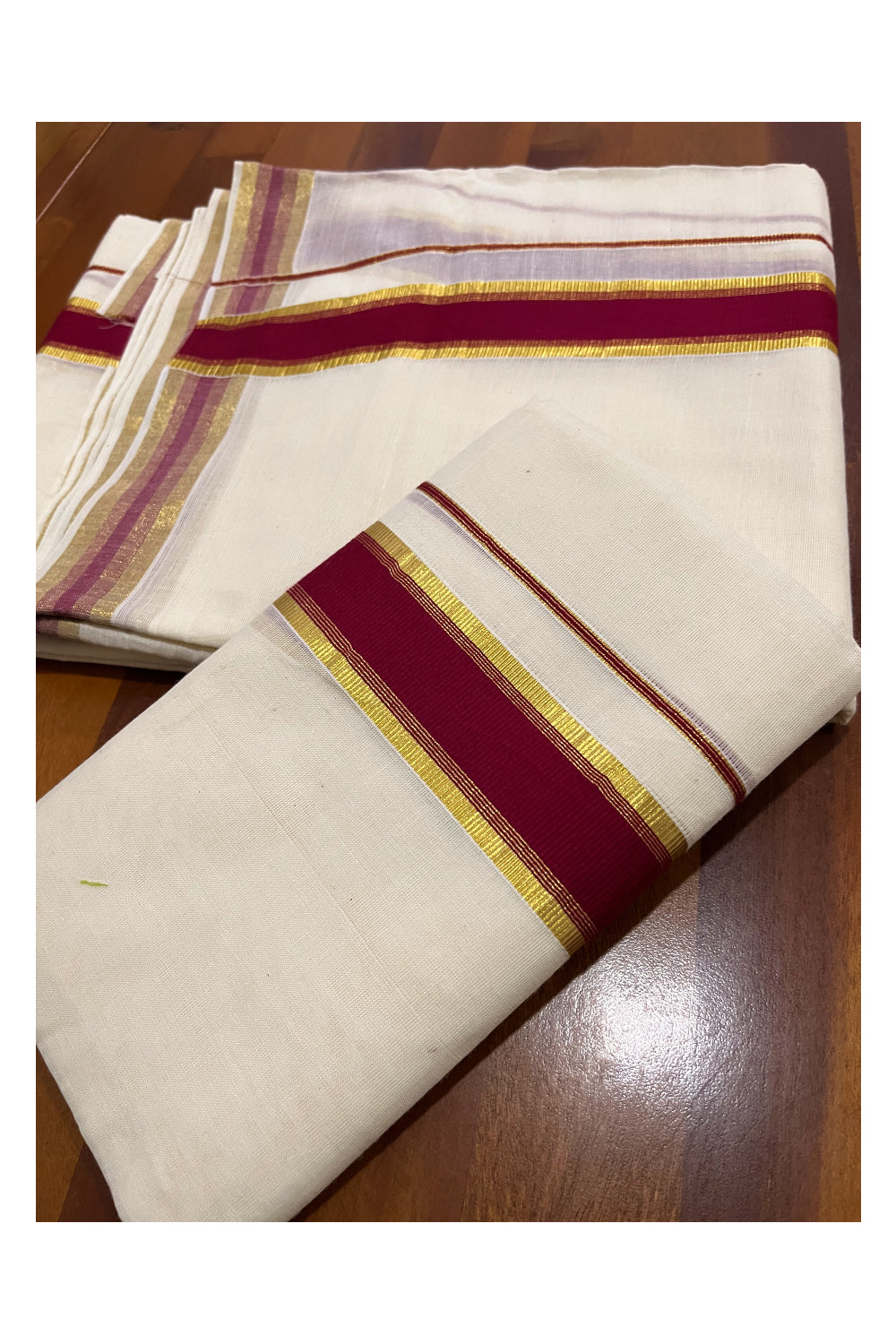 Pure Cotton Mundum Neriyathum Double (Set Mundu) with Maroon and Kasavu Border 2.80 Mtrs