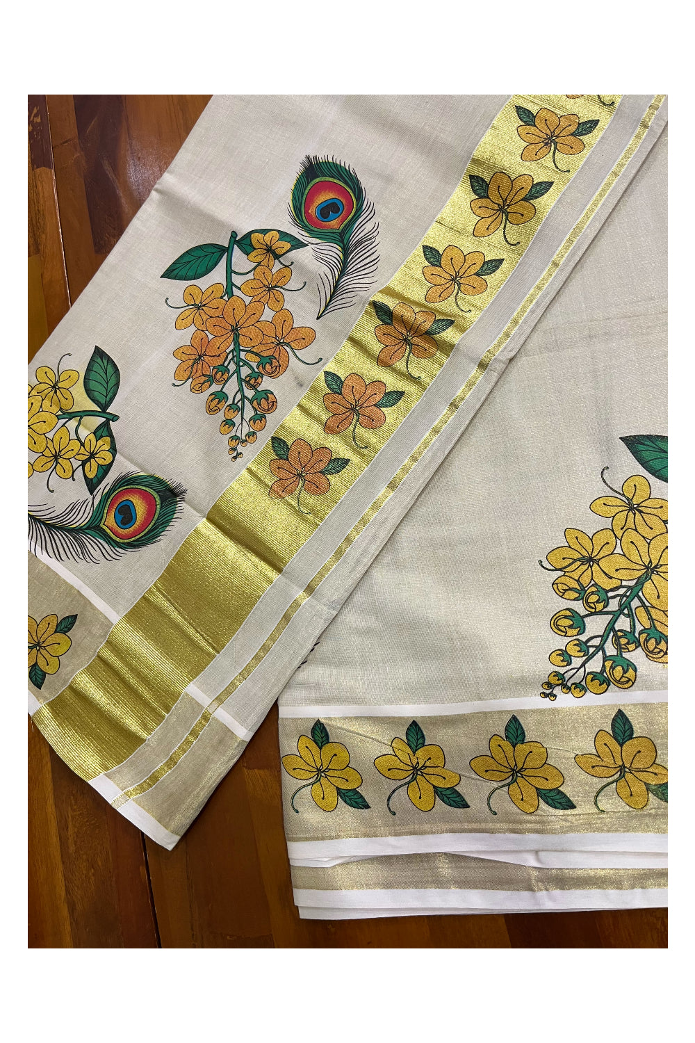 Kerala Tissue Kasavu Saree with Feather and Floral Mural Printed Designs