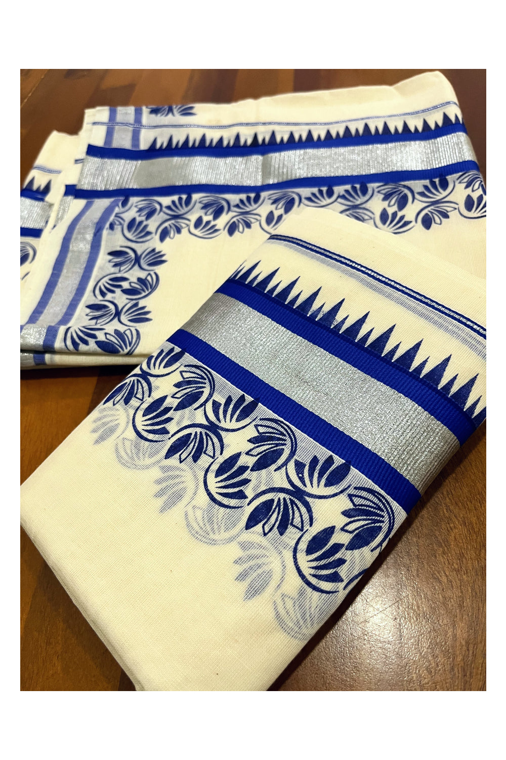 Kerala Pure Cotton Set Mundu Single (Mundum Neriyathum) with Blue Floral Temple Block Prints on Silver Kasavu Border