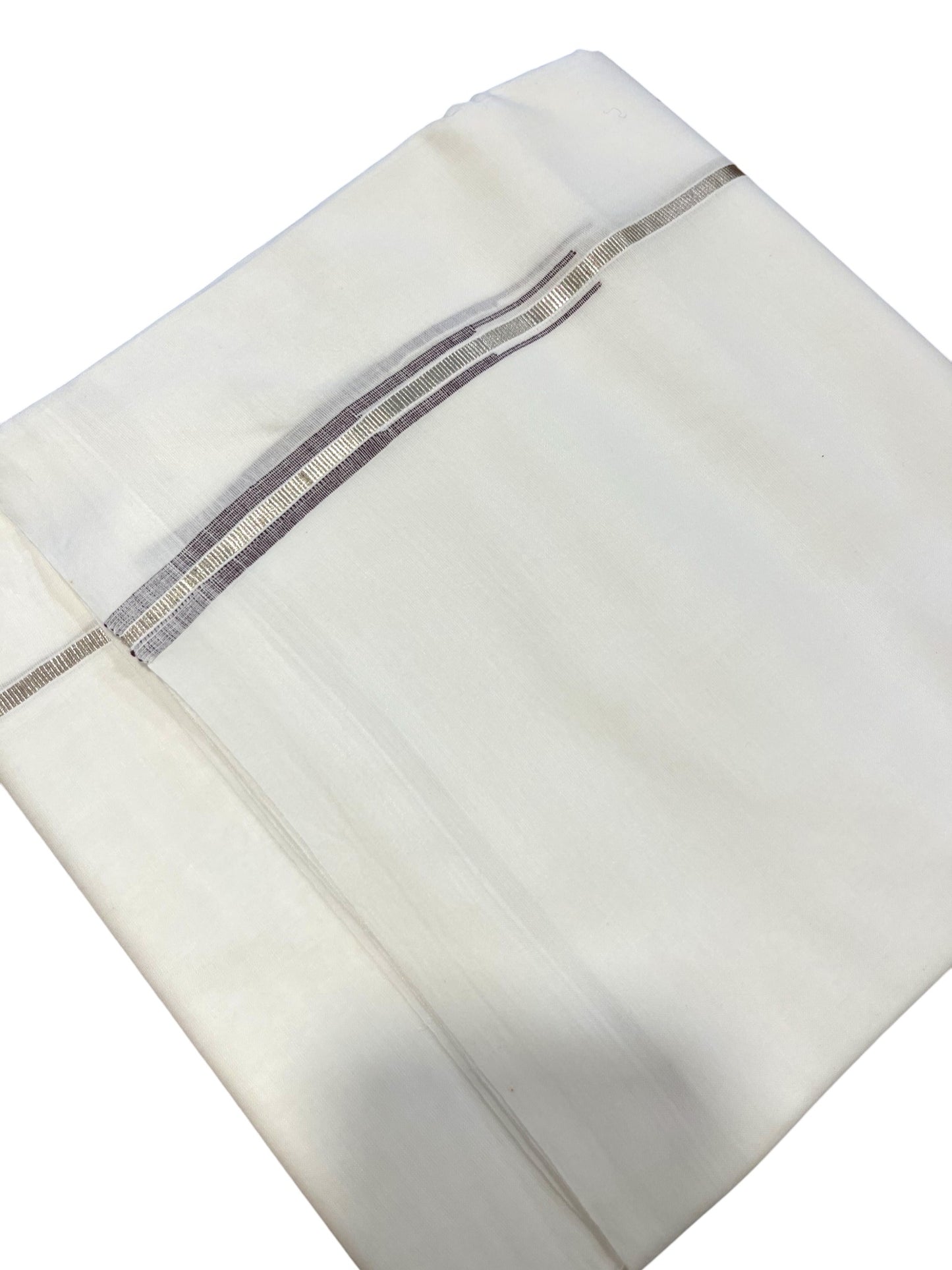 Pure White Cotton Double Mundu with Silver Chutti Kara (South Indian Dhoti)