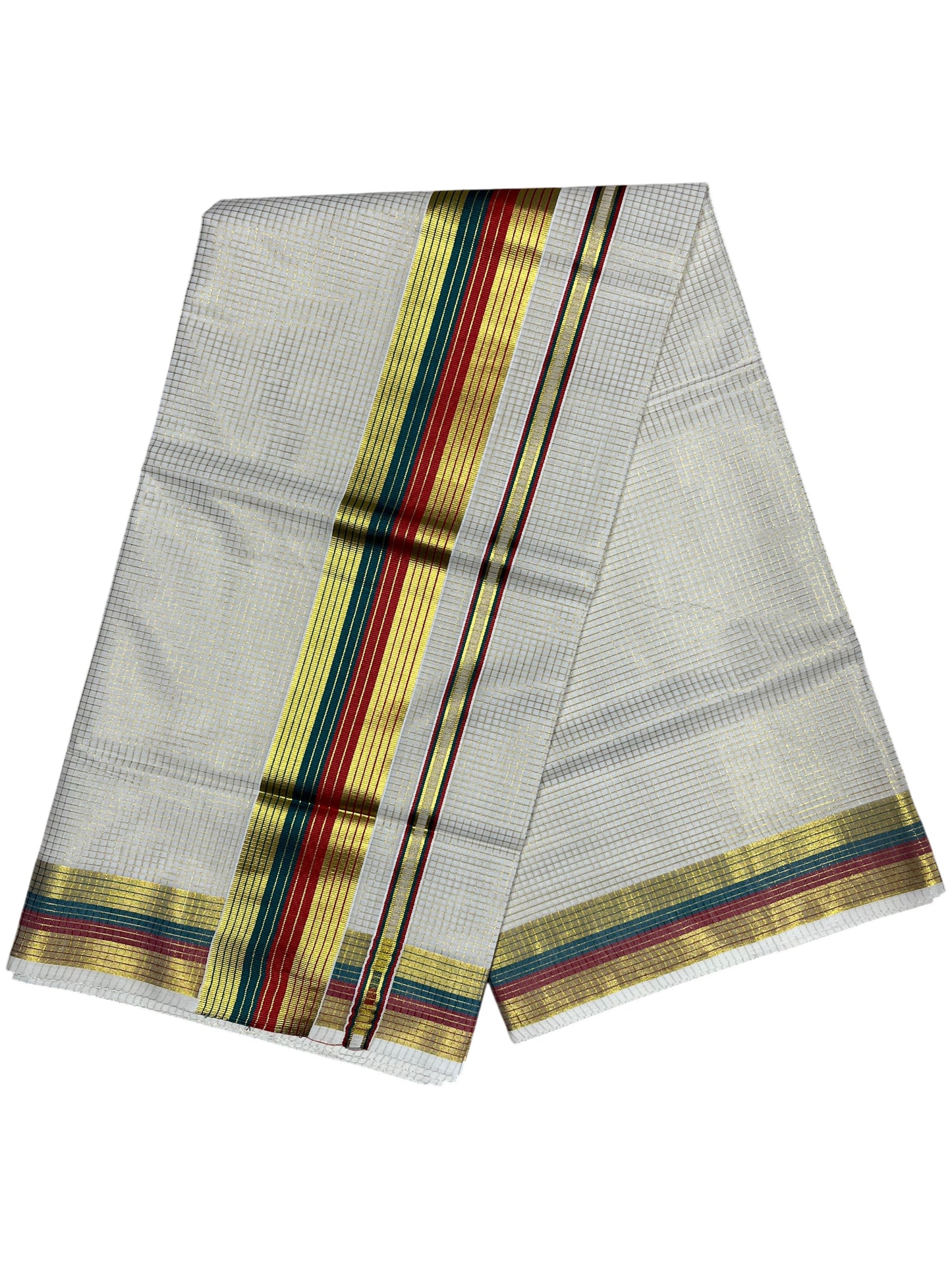Southloom Kerala Cotton Kasavu Saree with Micro Check Design on Body in Red & Peacock Green Border